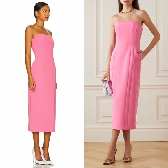 ALC Strapless Bubblegum Pink Crepe Cady Back Slit Fitted Sheath Midi Dress 4 - Picture 2 of 11